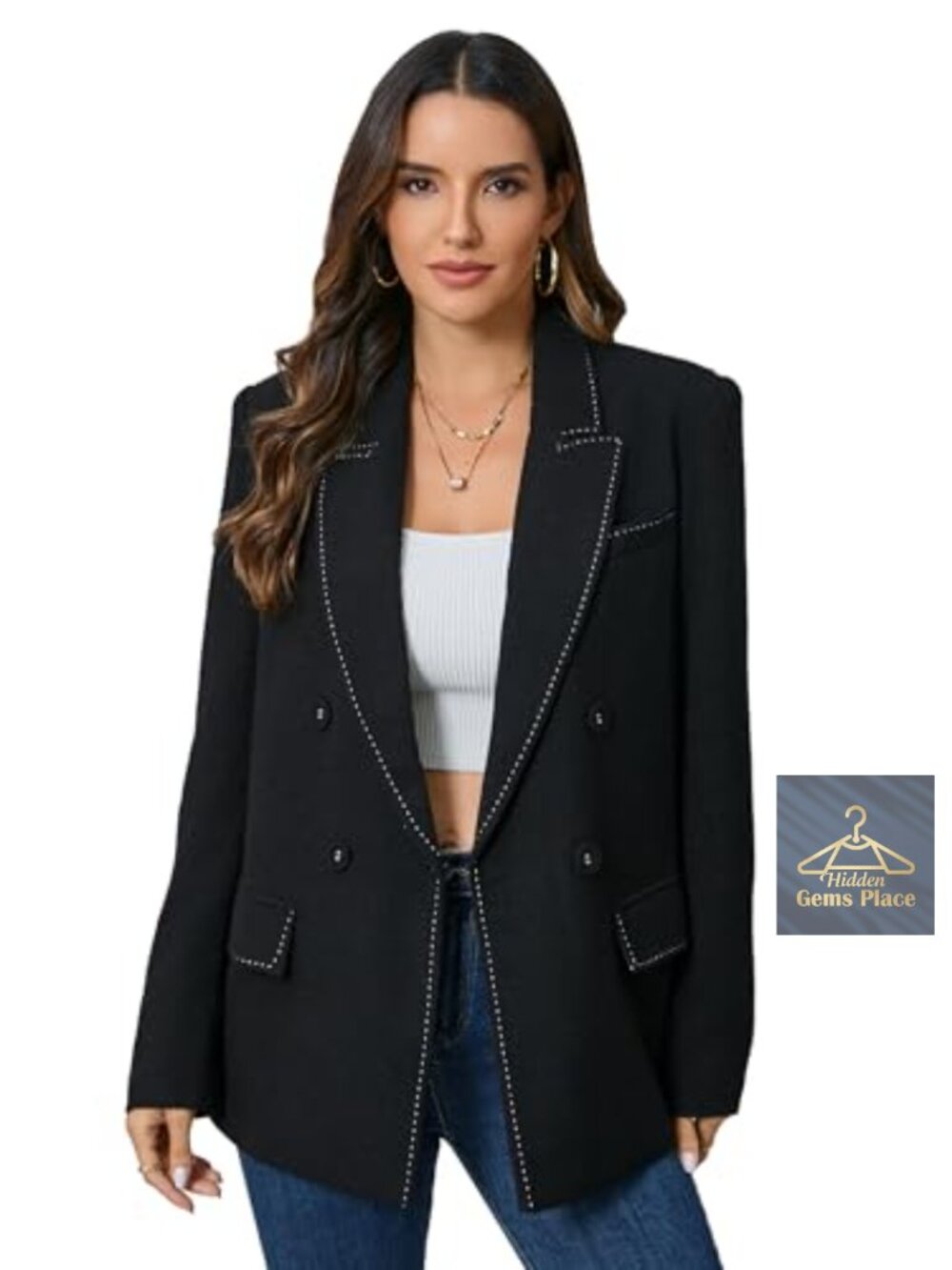 Oversized Double-Breasted Blazer Top Stitch Long Sleeve Work Office